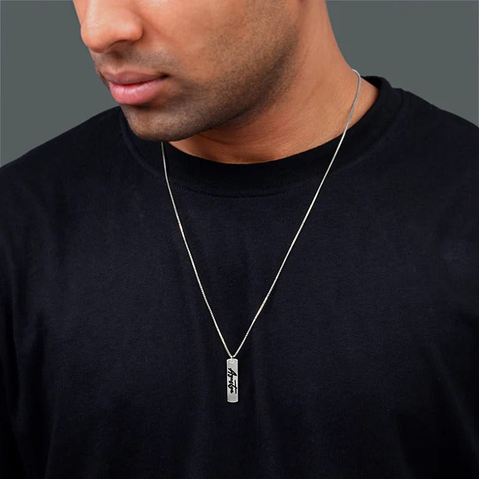 Silver Personalised Vertical Bar Name Pendant with Box Chain For Him