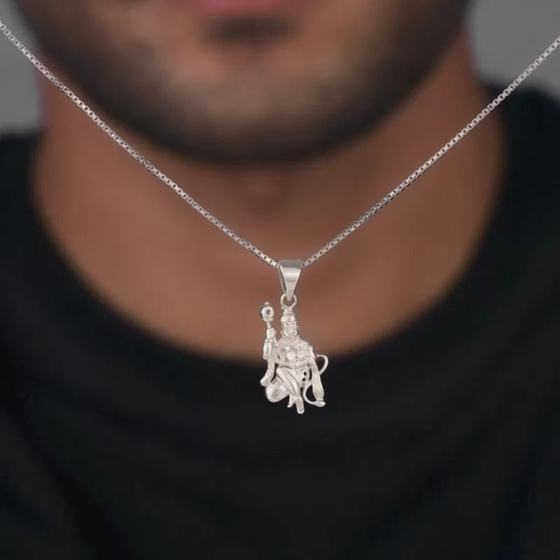 Silver Anjaneya Pendant With Box Chain For Him