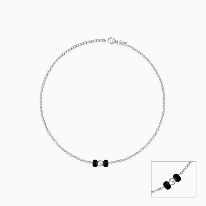 Silver Minimal Black Beads Anklet