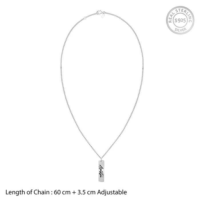 Silver Personalised Vertical Bar Name Pendant with Box Chain For Him